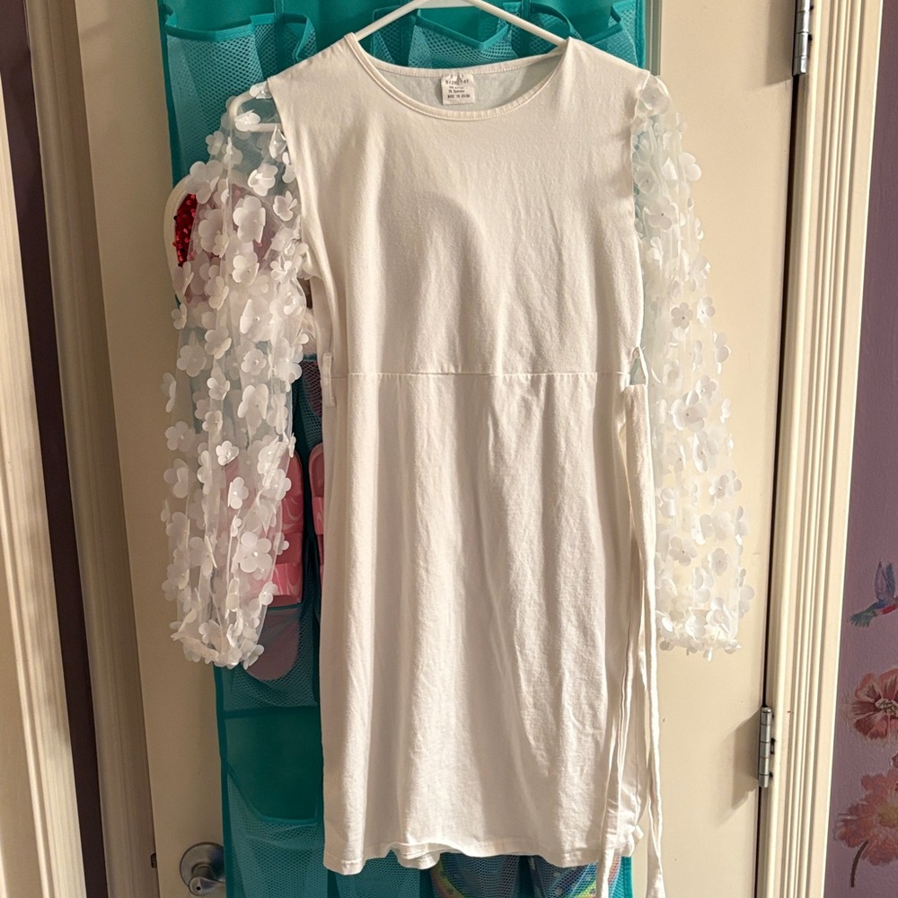 White Kids Dress with Floral Sleeves